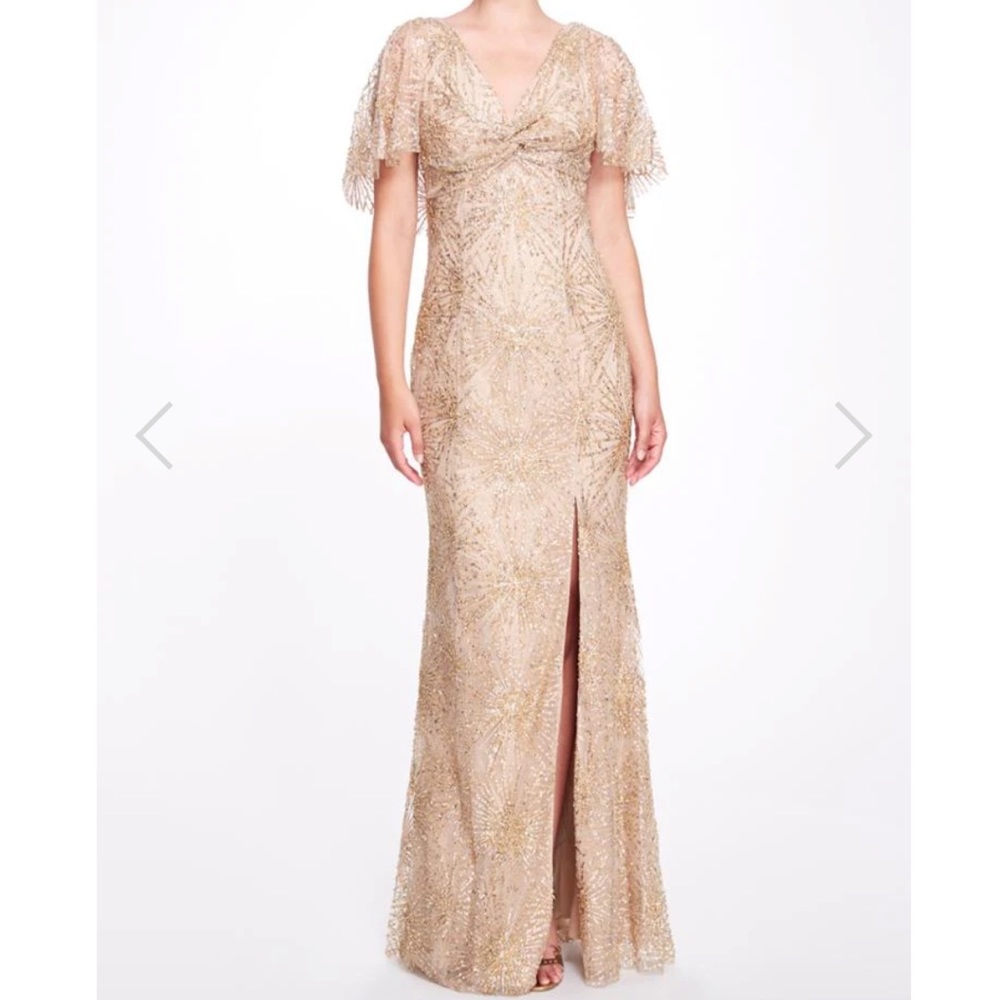 Marchesa Cape Sleeve Beaded Glitter Gown